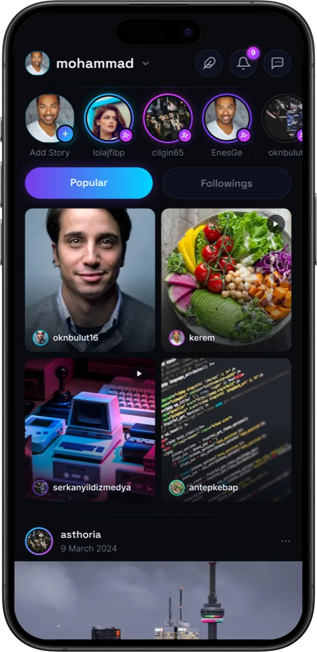 Asthoria Verse home feed with stories and popular posts